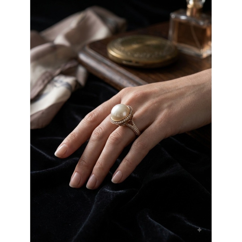Rose Gold Tone Faux Pearl Pave Crystal Halo Statement Cocktail Ring Size 6.75